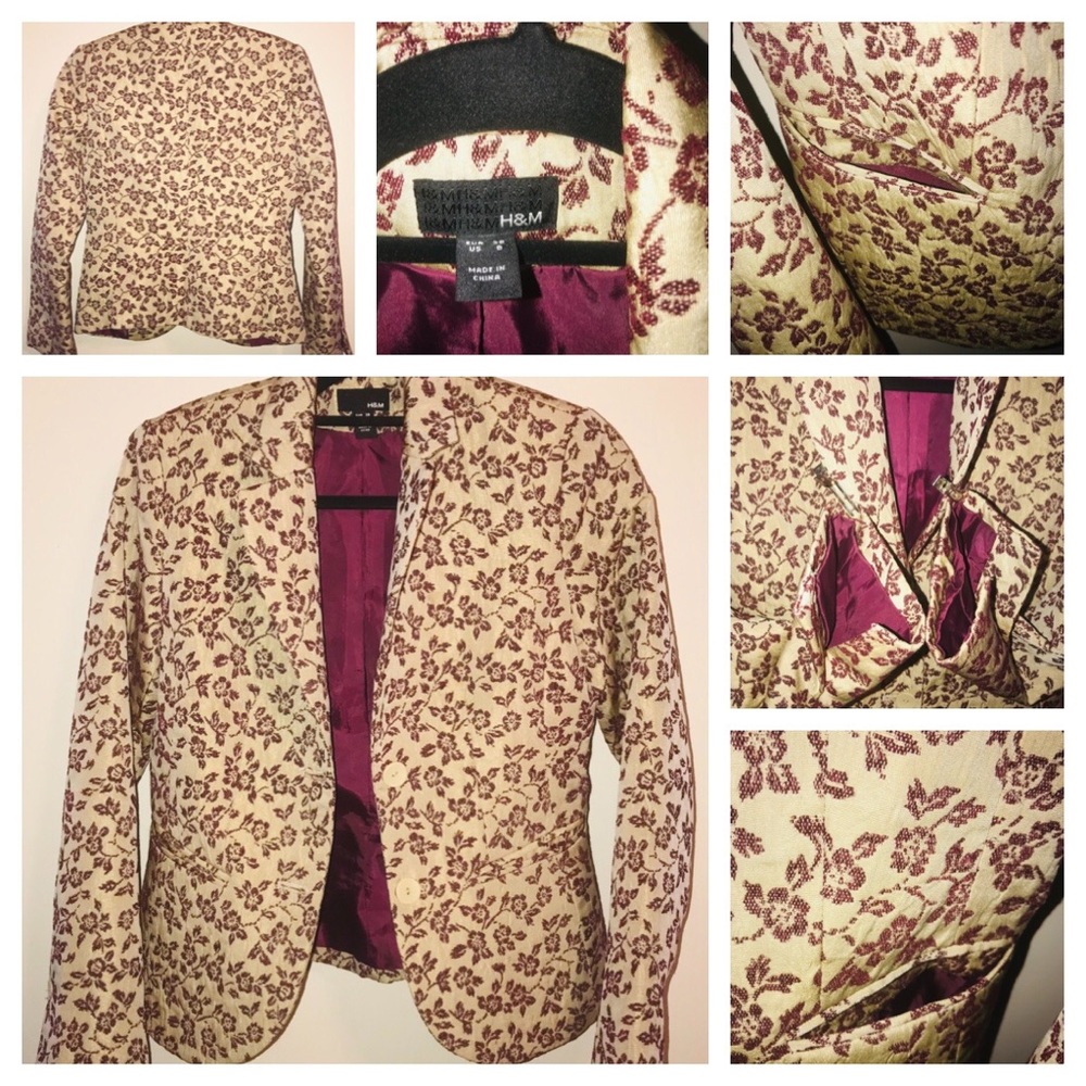 H&M Jacquard Blazer Cream Wine 2 Button 2 Pockets